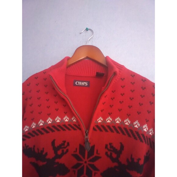 Chaps Quarter Zip Sweater Moose Fair Isle‎ Pullover Red Knit Sweater - Picture 2 of 6